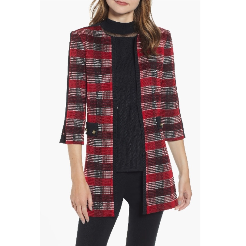 Ming Wang Long Red Plaid Knit Jacket Plus Size 2x Office Work Career Business